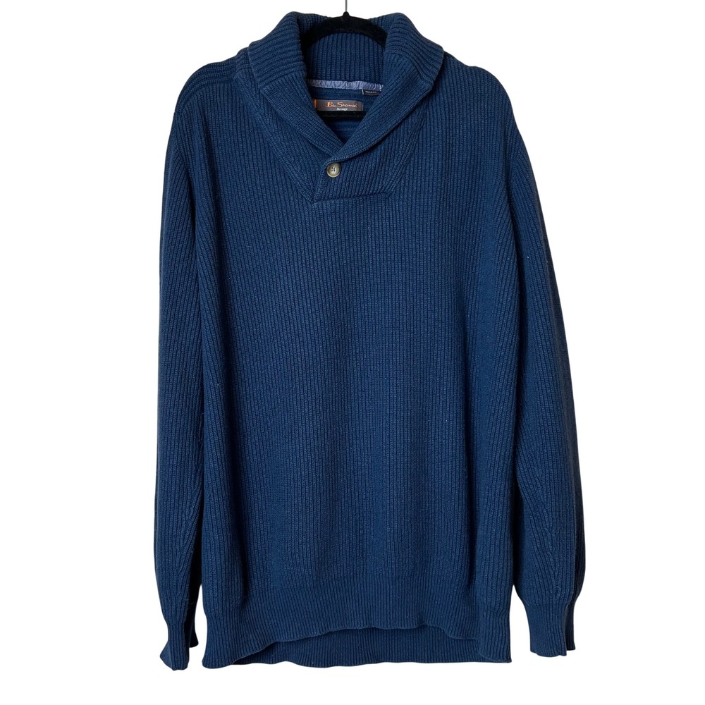 Ben Sherman Heritage Mens Blue Cotton Wool Shawl Collar Ribbed Knit Sweater XXL